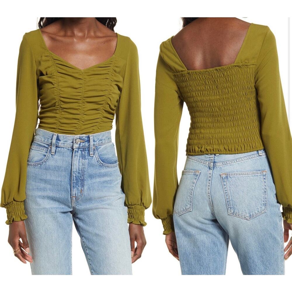 Open Edit Ruched Crop Top Olive Size Medium